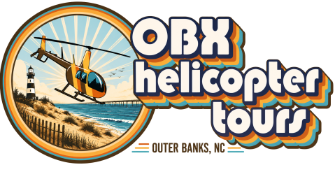 OBX Helicopter Tours logo with helicopter, ocean, and lighthouse.