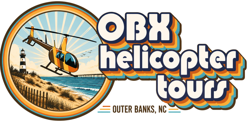 OBX Helicopter Tours logo with helicopter, ocean, and lighthouse.